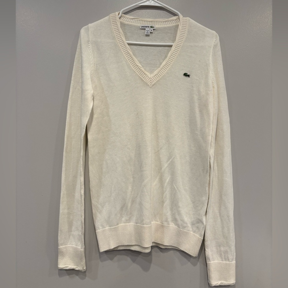 Lacoste V Neck Beige Cream Sweater Colton and cashmere Size 38 - Picture 1 of 9
